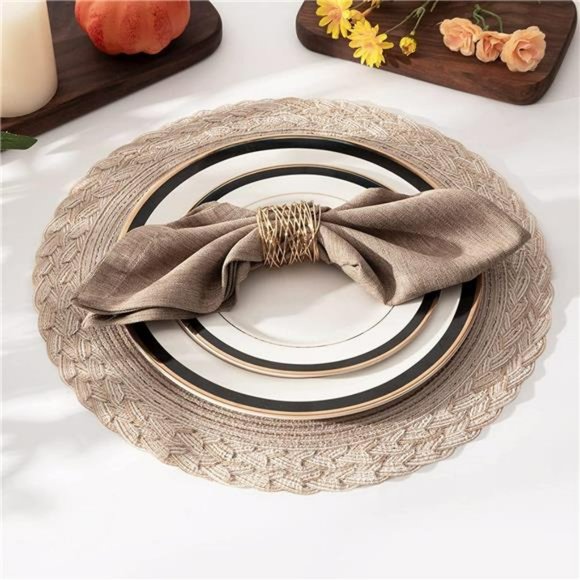 Round Placemats Set of 6 Woven Braided Border Table Mats  15 inch, Beige - Picture 6 of 7
